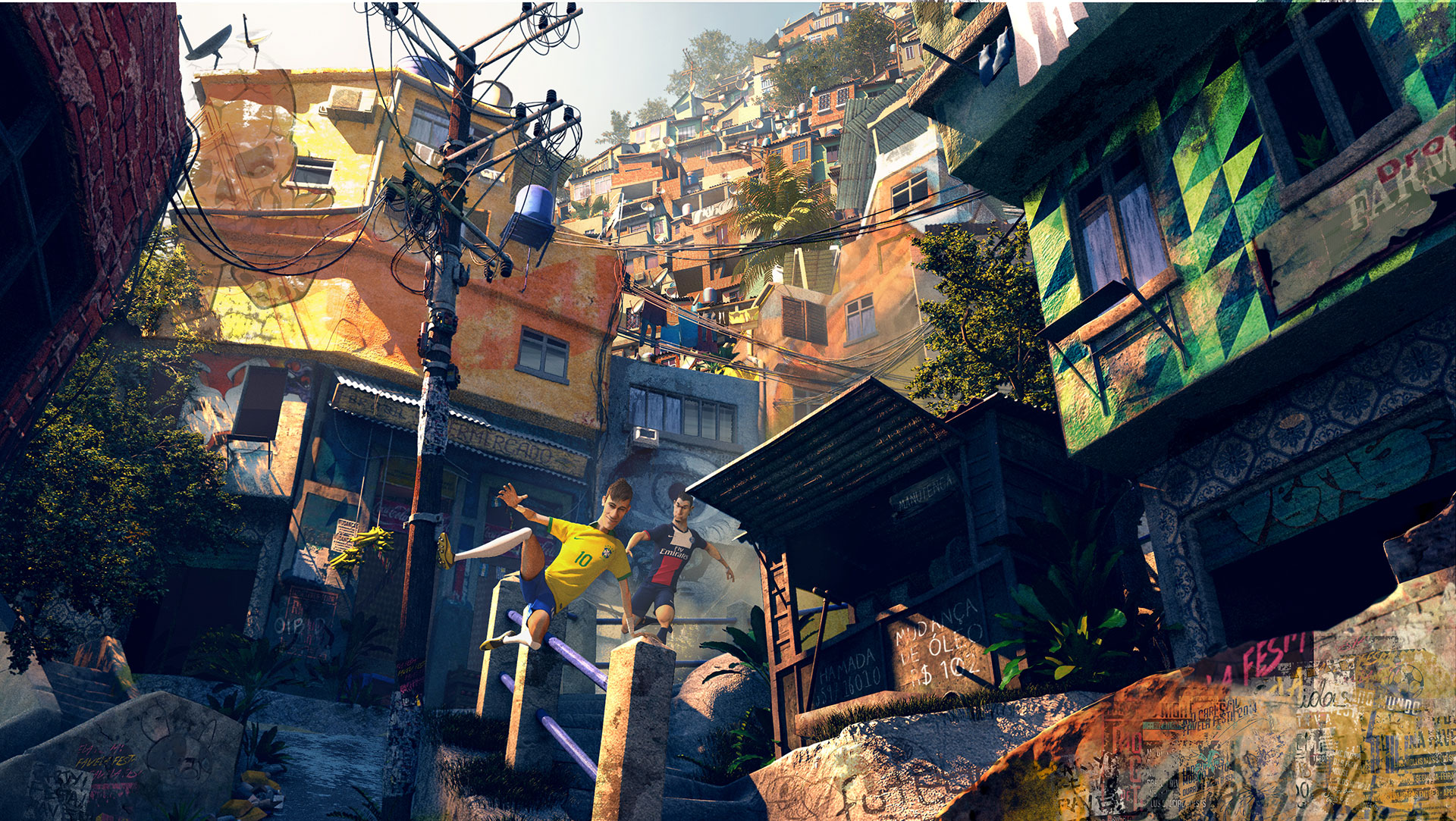 A 3D render of a chaotic and crowded favela